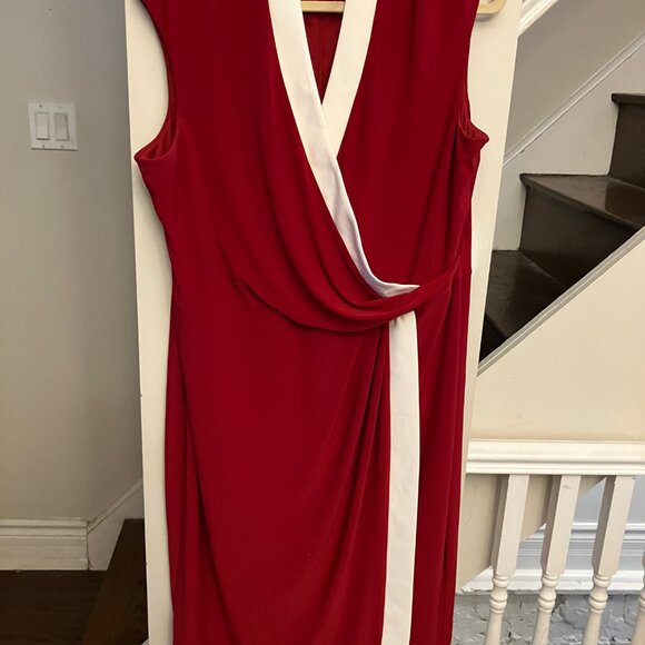 Kasper Women's Red and White Colorblocked Faux-Wrap Cap-Sleeve Dress NWT - Picture 2 of 10